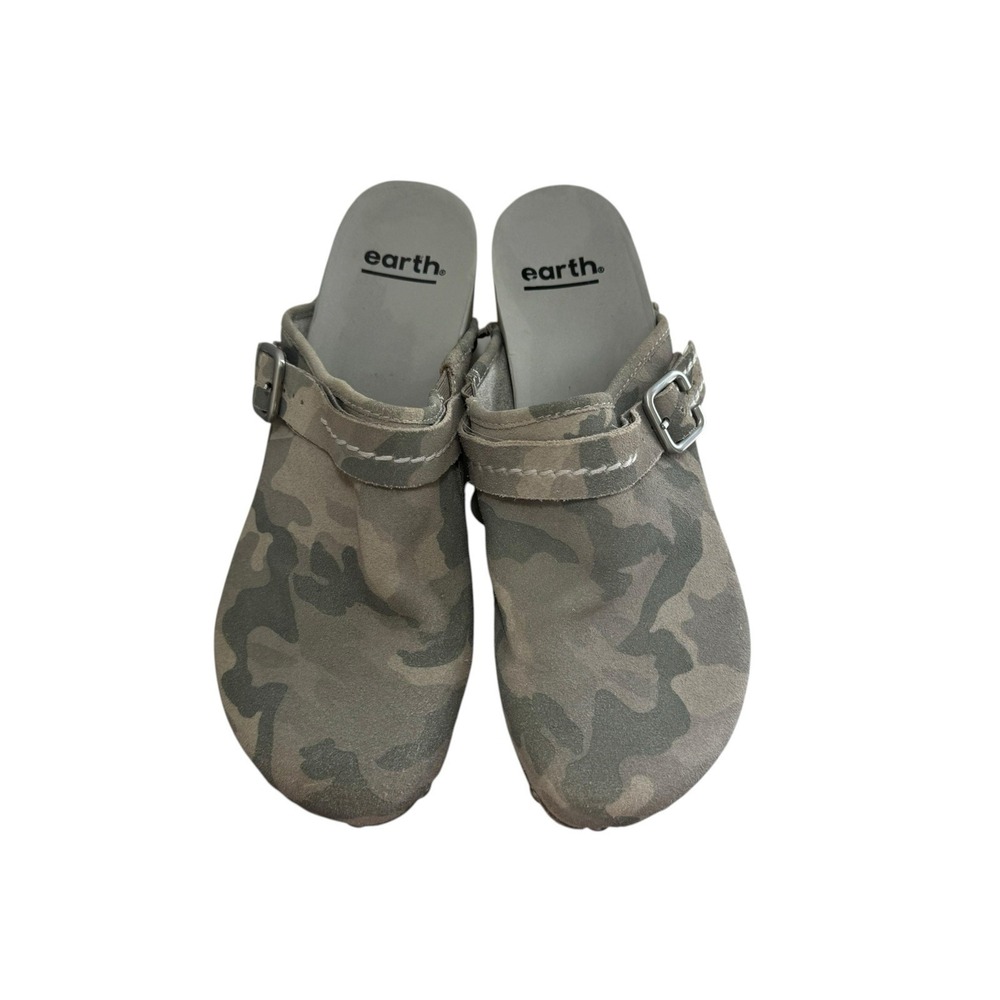 Earth Pine Tiku Suede Wedge Mules Clogs Platform Camo 8M Taupe Platform Buckle